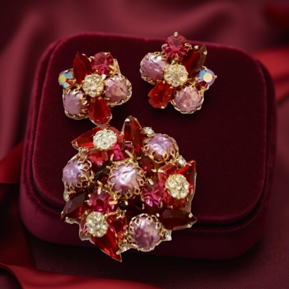 Vintage Red - Lavender - Pink & Gold tone  AB Crystal Contessa Brooch & Earring